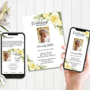 Invitación funeraria con rosas amarillas suaves, anuncio electrónico para funeral, invitación para servicio conmemorativo Evite ZFPI 21517