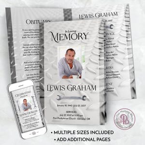 May include: A memorial service announcement with the name "Lewis Graham" and a photo of a man. The design includes a wrench graphic and the text "In Loving Memory." The announcement is on a white background with a diamond plate pattern.