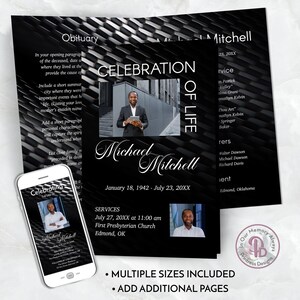 May include: Black and white funeral program template with a photo of a man in a suit. The program includes the name "Michael Mitchell", dates of birth and death, and the text "Celebration of Life".