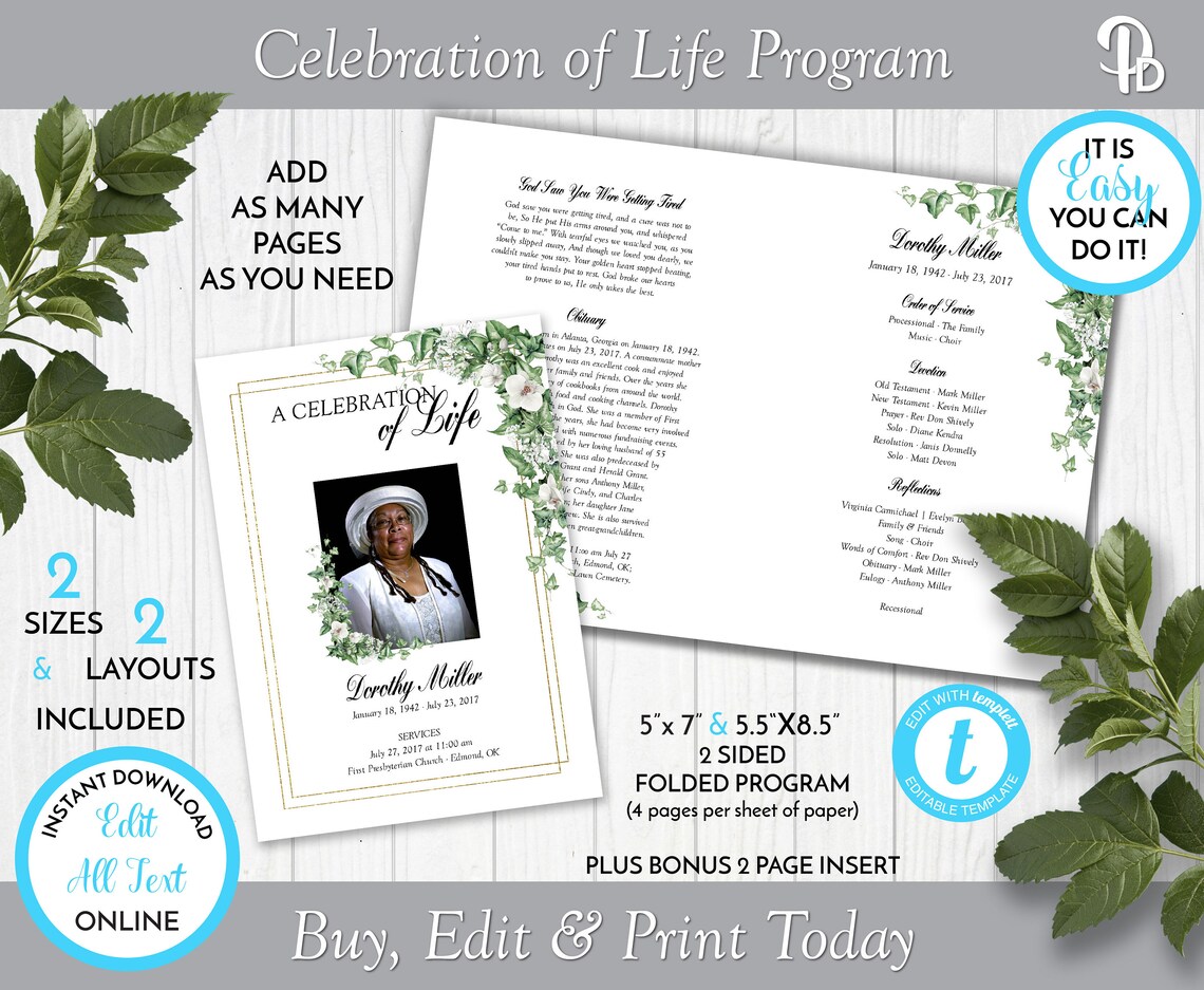 Ivy and Orchids Funeral Program Template Greenery | Etsy