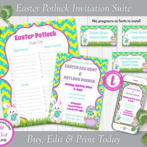 Puede incluir: Conjunto de invitaciones imprimibles para un potluck de Pascua con un diseño de conejito y huevo. La invitación incluye una hoja de inscripción para aperitivos, platos principales y acompañamientos. La invitación también incluye una tarjeta separada para una búsqueda de huevos de Pascua y una cena de potluck. El texto de la invitación dice: "Easter Potluck Sign-Up", "Appetizers", "Main Dishes", "Sides", "Please join us for an Easter Egg Hunt & Potluck Dinner", "Sunday, April 15, 20xx 2-5 pm", "AT the Harper's 123 Any Street", "Bring your favorite dish & a basket for eggs", "RSVP Jessie at 555-456-9874", "Strawberries and Cream Sheet Cake", "Sweet Plum Glazed Ham", "Oven Roasted Asparagus", "Edit with Template", "Easter Egg Hunt & Potluck Dinner", "Sunday, April 15, 20xx 2-5 pm", "AT the Harper's 123 Any Street", "Bring your favorite dish & a basket for eggs", "Buy, Edit & Print Today".