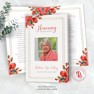 Coral & Yellow Rose Funeral Program, Obituary Template, Celebration of Life Program, Printable Memorial Service, Editable Templett QFP 21160