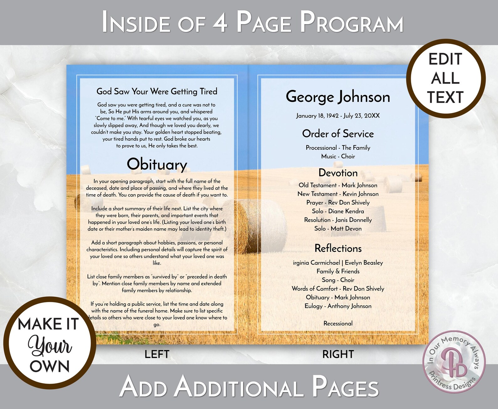 Farmer's Funeral Program Template, Obituary/order of Service Template
