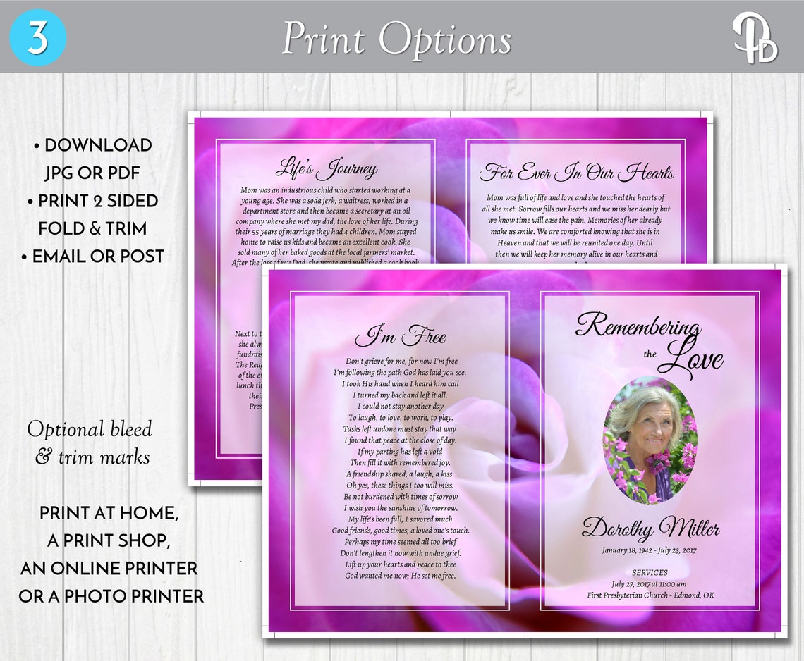 Fuchsia Rose Funeral Program Template, Obituary/order of Service ...