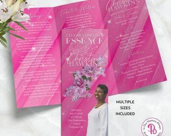 Beautiful Pink Floral Trifold Funeral Program, Obituary Template, Celebration of Life Program, Memorial Service, Templett QFP3 21282