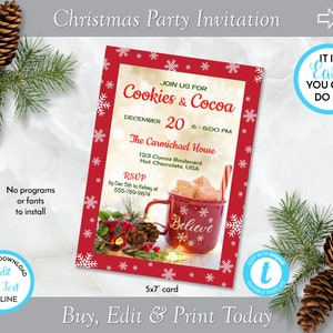 Believe Cookies and Cocoa Christmas Party Invitation, Holiday Invitation, Printable Invite, Edit in Templett, ZHL 20172