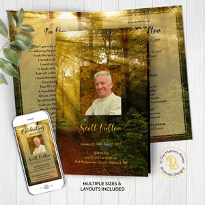 Sunrays through the Forest Funeral Program, Obituary/Order of Service Template, Printable Memorial Template, Edit in Templett, ZFP 21028