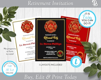 Puede incluir: Tres invitaciones imprimibles para una fiesta de jubilación con un emblema de bombero rojo, dorado y negro con el texto "Bombero jubilado". Las invitaciones son para una fiesta de jubilación en honor al teniente Steven Phillips. El texto de las invitaciones incluye la fecha, la hora y el lugar de la fiesta. Las invitaciones son editables y se pueden imprimir en casa.