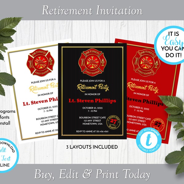 Firefighter Retirement Party Invitation, Retirement Celebration Invite, Edit in Templett, ZRT 24026