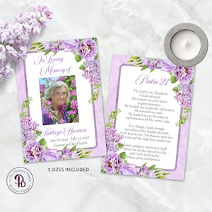 Violet Floral Funeral Keepsake Prayer Card, Memorial Favor, Celebration of Life Keepsake, In Loving Memory, Edit In Templett, ZPC 21537