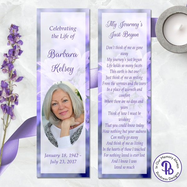 Lavender Floral Memorial Bookmark Template, Editable Photo Funeral Bookmark Template, Printable Funeral Keepsake Favor, Templett ZBKM 21097