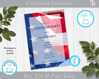 US Flag Citizenship Party Invitation, Citizenship Celebration, Naturalization Celebration, Edit in Templett, ZSS 19008