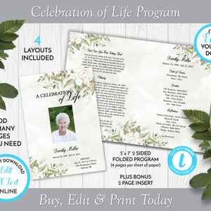 Cream Floral Funeral Program Template, Obituary/Order of Service Template, Printable Memorial Service Template, Edit in Templett, ZFP 21515