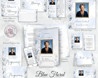 Blue Wildflowers Funeral Program Bundle, Obituary Template, Celebration of Life Program Set, Memorial Service, QFPB 21584