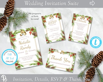 Christmas Pinecone Wedding Invitation Suite, Winter Wedding Invite, Printable Wedding Template, Edit in Templett, ZWA 17288