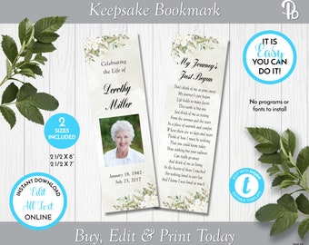 Może przedstawiać: Szablon do druku zakładki z kwiatowym wzorem i miejscem na zdjęcie. Tekst brzmi "Celebrating the Life of Dorothy Miller" i "My Journey's Just Begun". Zakładka dostępna jest w dwóch rozmiarach: 6,35 cm x 20,32 cm i 6,35 cm x 17,78 cm.