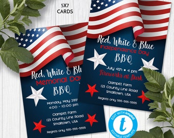 July 4th or Memorial Day BBQ Invitation, Printable Independence Day/Memorial Day Party Invitation, Edit in Templett, ZHL 20010