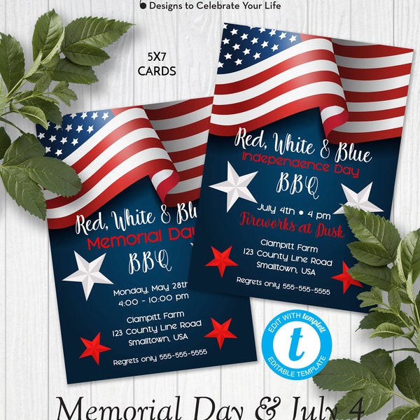 July 4th or Memorial Day BBQ Invitation, Printable Independence Day/Memorial Day Party Invitation, Edit in Templett, ZHL 20010