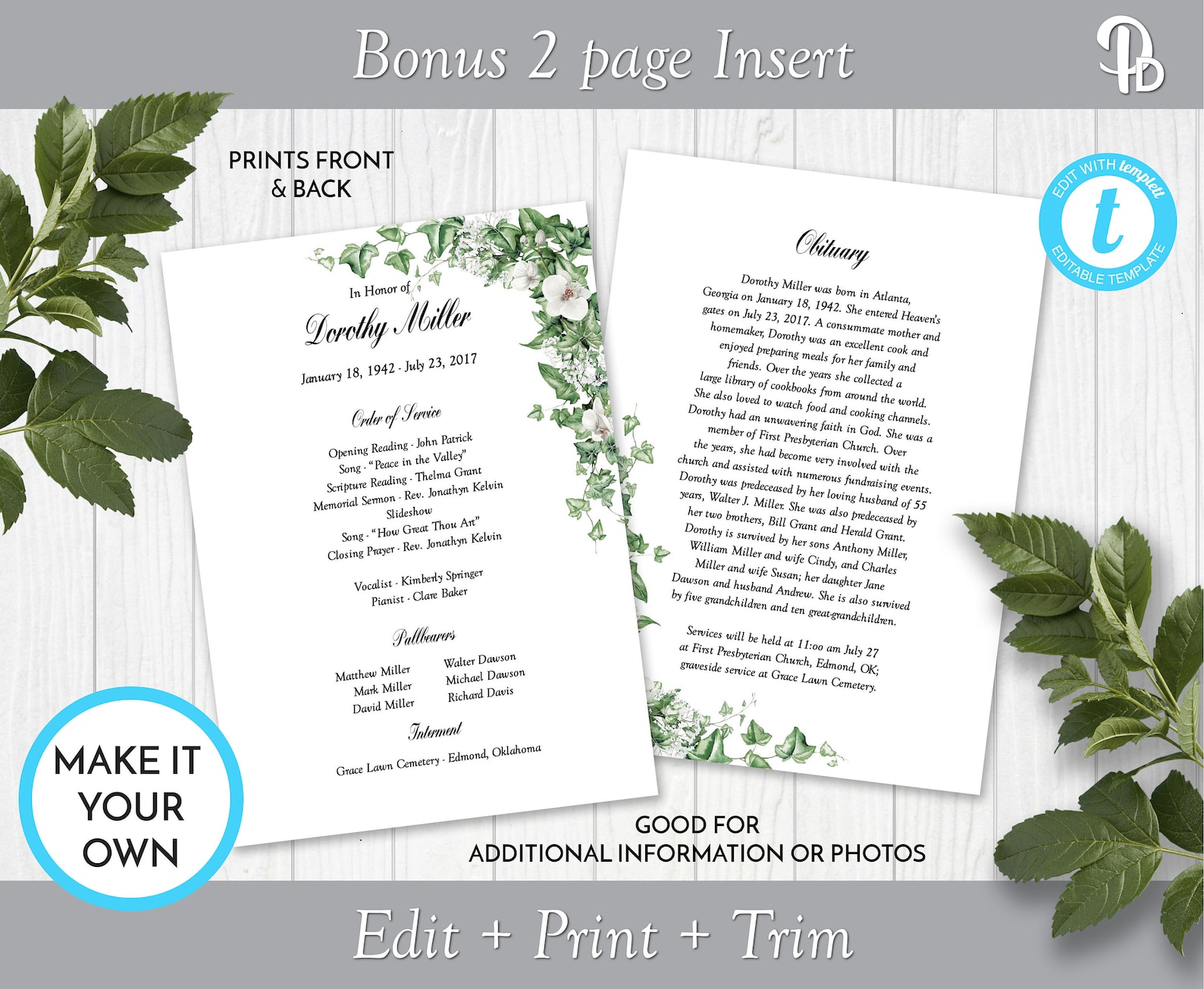 Ivy and Orchids Funeral Program Template, Greenery Obituary/order of