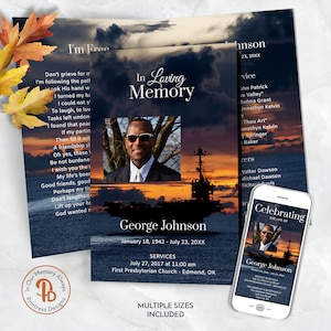 Puede incluir: Un programa de servicio conmemorativo para George Johnson, con una foto de él contra un fondo de puesta de sol con un barco de la marina en la distancia. El programa incluye las fechas de nacimiento y muerte, los detalles del servicio y una cita sobre encontrar la paz. El programa está diseñado con un esquema de color azul y negro y presenta un diseño floral.