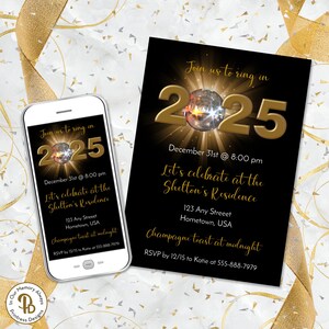 Bague en carton d'invitation pour le Nouvel An 2025, Evite numérique pour la Saint-Sylvestre, noir et or, édition Templett, 34001 ZHL