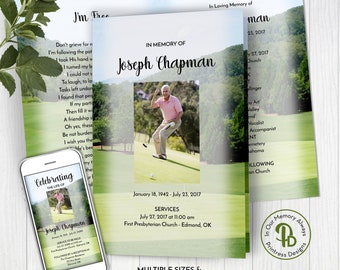 Golfer's Obituary/Order of Service Template, Funeral Program Template, Printable Memorial Service Template, Edit In Templett, ZFP 21004