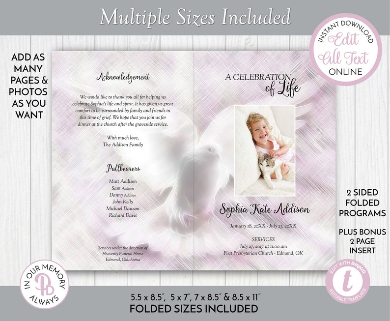 Pink Dove Funeral Program Template Obituary/order of Service Etsy