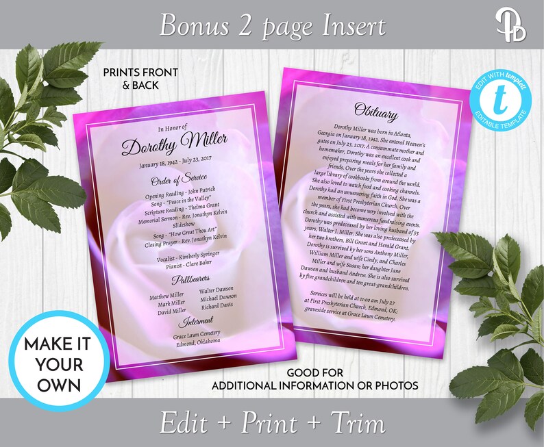 Fuchsia Rose Funeral Program Template, Obituary/order of Service ...
