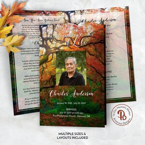 Op de afbeelding: Een herdenkingsprogramma voor een viering van het leven met een foto van Charles Anderson, een achtergrond van herfstbladeren en de tekst "A Celebration of Life" in een decoratief lettertype.
