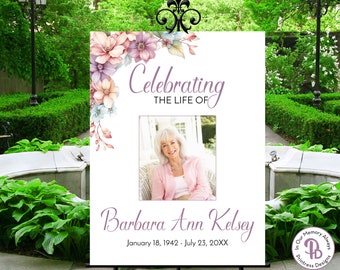 Pastel Floral Funeral Welcome Sign, Celebrating the Life of Sign, Printable Funeral Sign, 2 sizes, Editable, QFWS 21565
