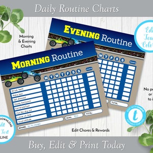 Monster Truck Children&#39;s Daily Routine Charts, Morning Routine Chart, Bedtime Routine Chart, Edit in Templett, ZDC 26008 C108
