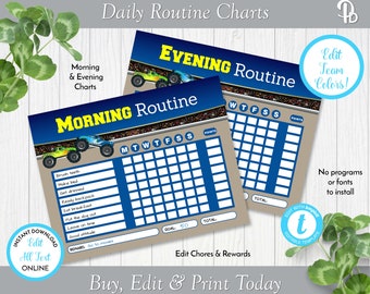 Monster Truck Children's Daily Routine Charts, Morning Routine Chart, Bedtime Routine Chart, Edit in Templett, ZDC 26008 C108