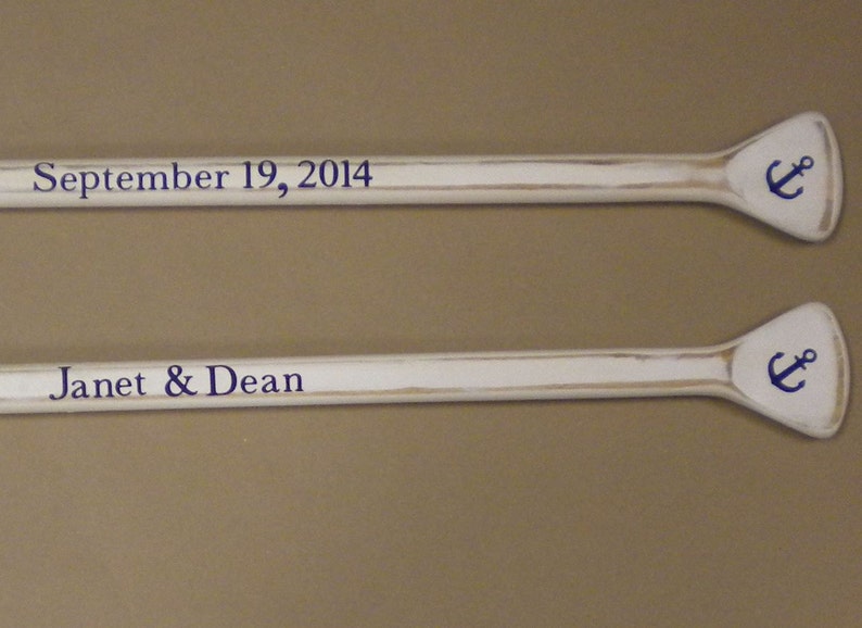 Wedding Guest Book Set of 2 White Washed Oars Paddles With Nautical Blue Personalization image 8