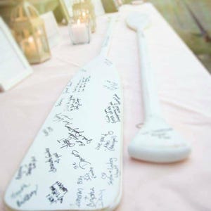 Wedding Guest Book Set of 2 White Washed Oars Paddles With Nautical Blue Personalization image 1