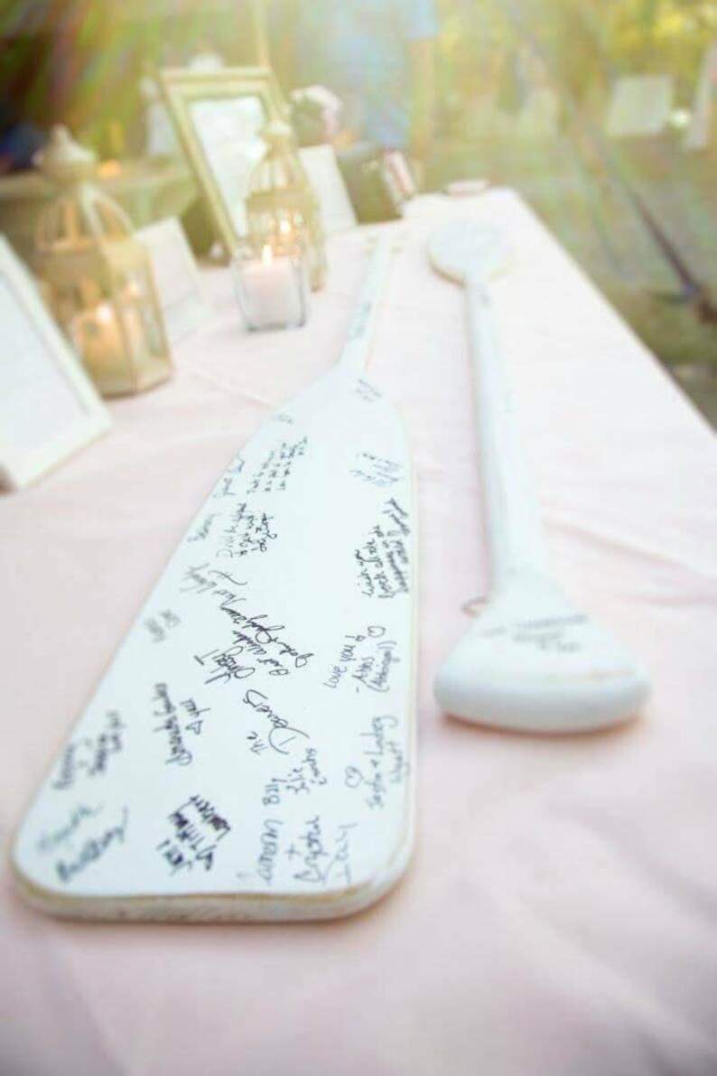 Wedding Guest Book Set of 2 White Washed Oars Paddles With Nautical Blue Personalization image 1