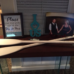Wedding Guest Book Set of 2 White Washed Oars Paddles With Nautical Blue Personalization image 3