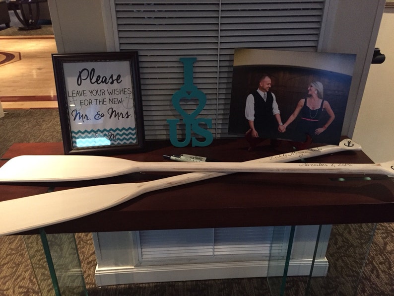 Wedding Guest Book Set of 2 White Washed Oars Paddles With Nautical Blue Personalization image 3