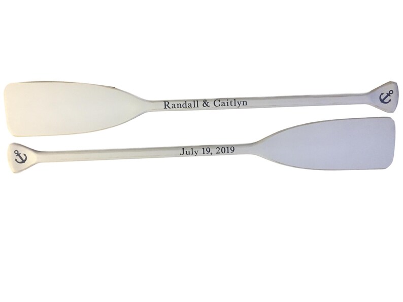 Wedding Guest Book Set of 2 White Washed Oars Paddles With Nautical Blue Personalization image 2