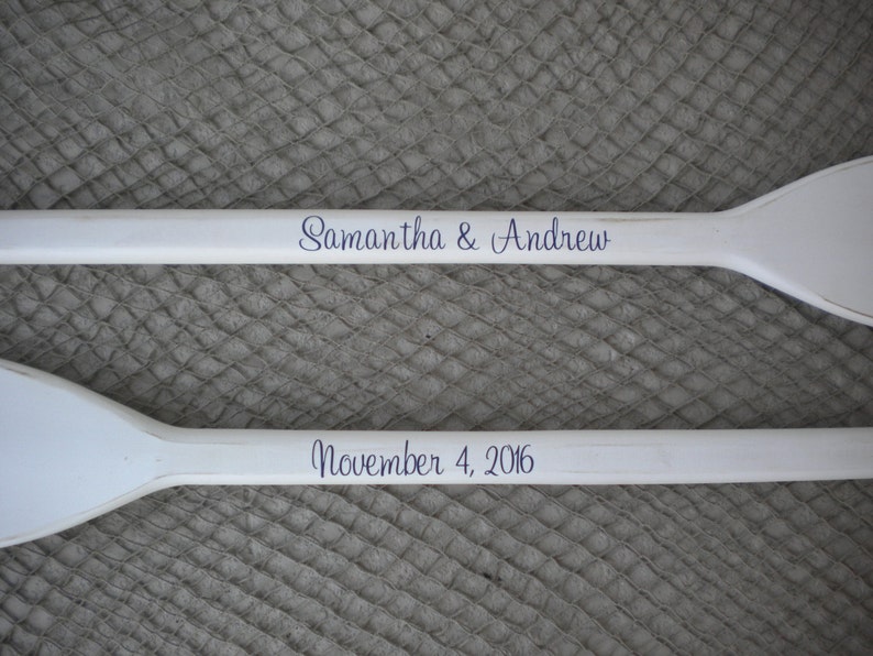 Wedding Guest Book Set of 2 White Washed Oars Paddles With Nautical Blue Personalization image 7