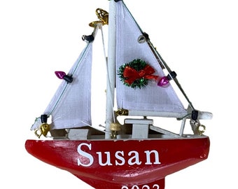 Wood Sailboat Ornament With Wreath and Decorative Lights  Personalized W Name Date 2024 Boat