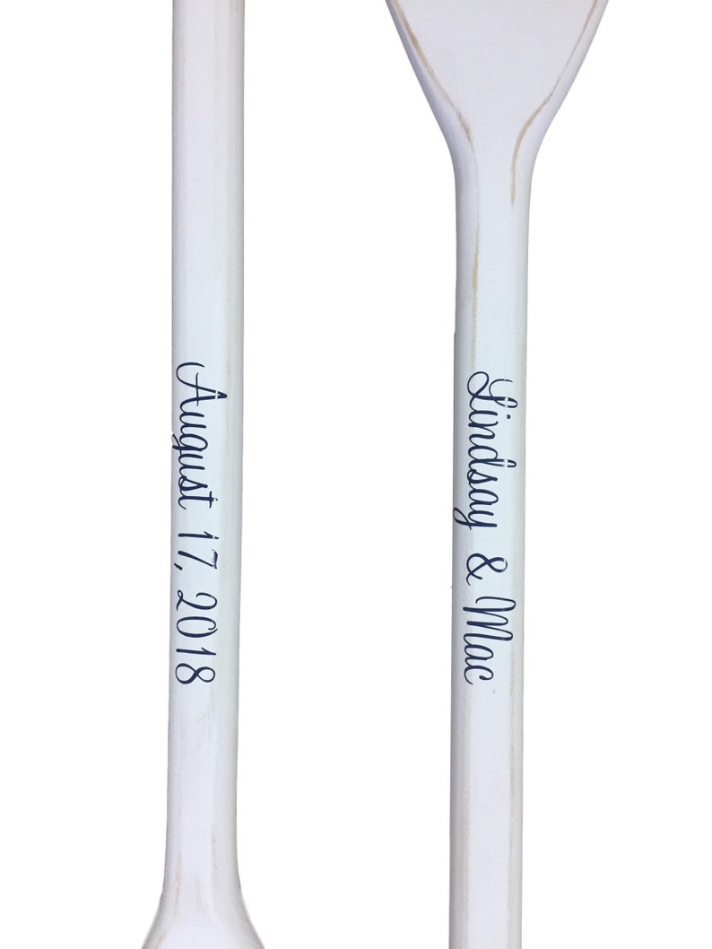 Wedding Guest Book Set of 2 White Washed Oars Paddles With Nautical Blue Personalization image 9