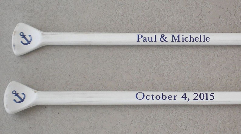 Wedding Guest Book Set of 2 White Washed Oars Paddles With Nautical Blue Personalization image 5
