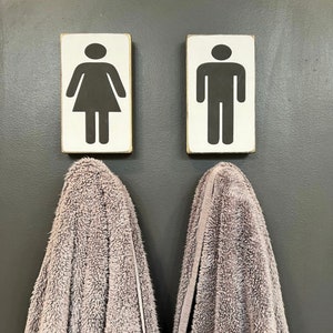 Funny his and hers bathroom signs, set of 2 signs, master bathroom guest half bath decor, couple towels signs