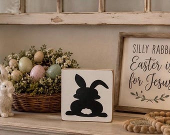 Easter bunny wood sign, rabbit silhouette, holiday farmhouse decor