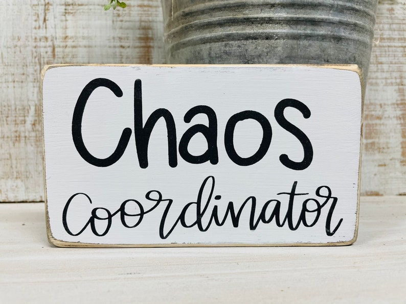 Puede incluir: Un letrero rectangular de madera blanca con las palabras "Chaos Coordinator" en escritura negra. El letrero tiene un aspecto envejecido y vintage, con bordes ligeramente desgastados. Un cubo de metal y vegetaci&oacute;n son visibles en el fondo.
