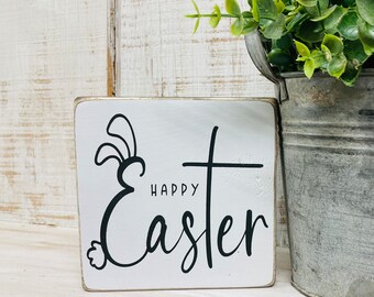 Happy Easter wood sign, bunny rabbit ears, religious cross, holiday farmhouse decor