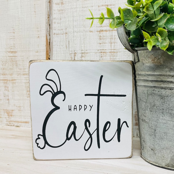 Happy Easter wood sign, bunny rabbit ears, religious cross, holiday farmhouse decor