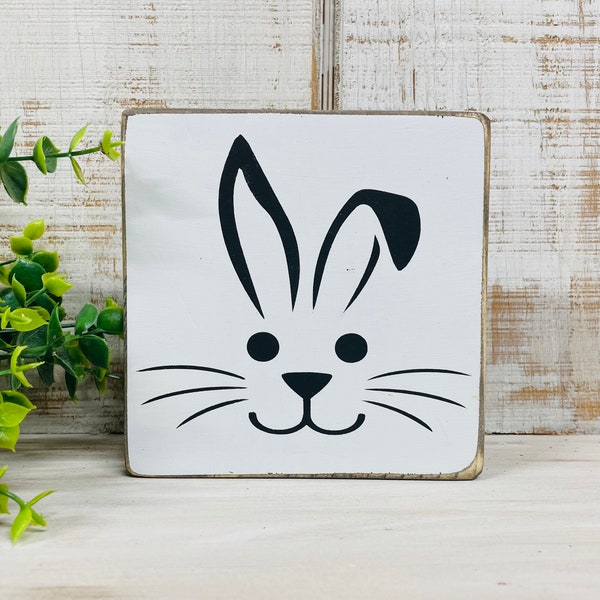 Small Easter bunny rabbit face wood sign, farmhouse style holiday decor, tiered tray black and white sign