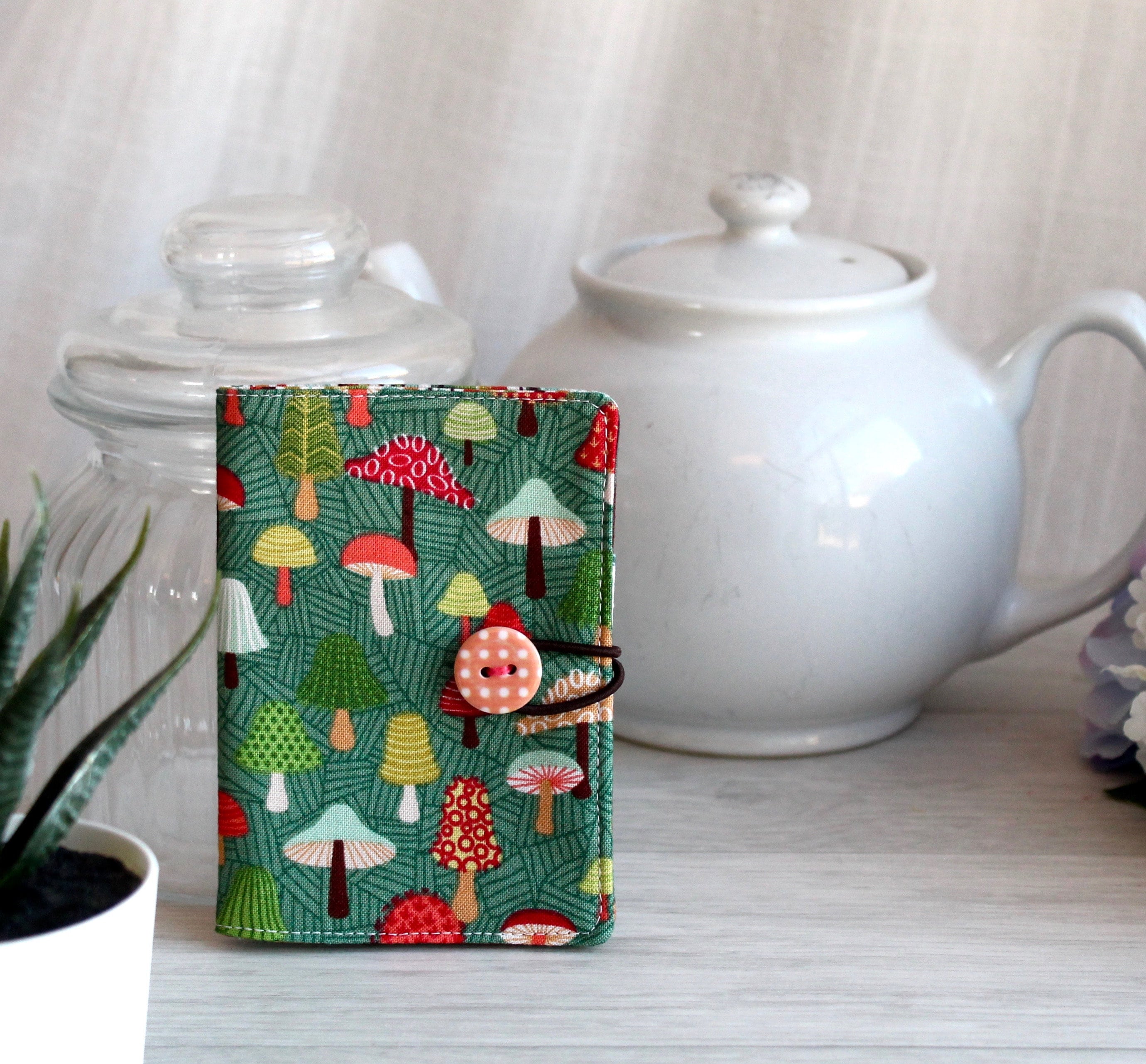 Tea wallet, travel teabag holder - woodland mushrooms in green, rust,…