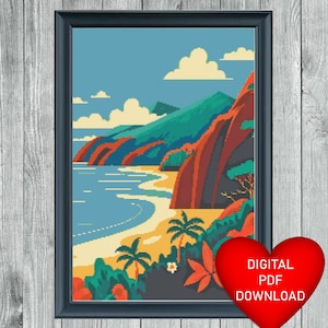 Cross Stitch Pattern, Hawaiian Mountain Seascape, Instant PDF Download, 14ct Aida, Embroidery Threads, DMC Floss, Hawaii Beach, Landscape